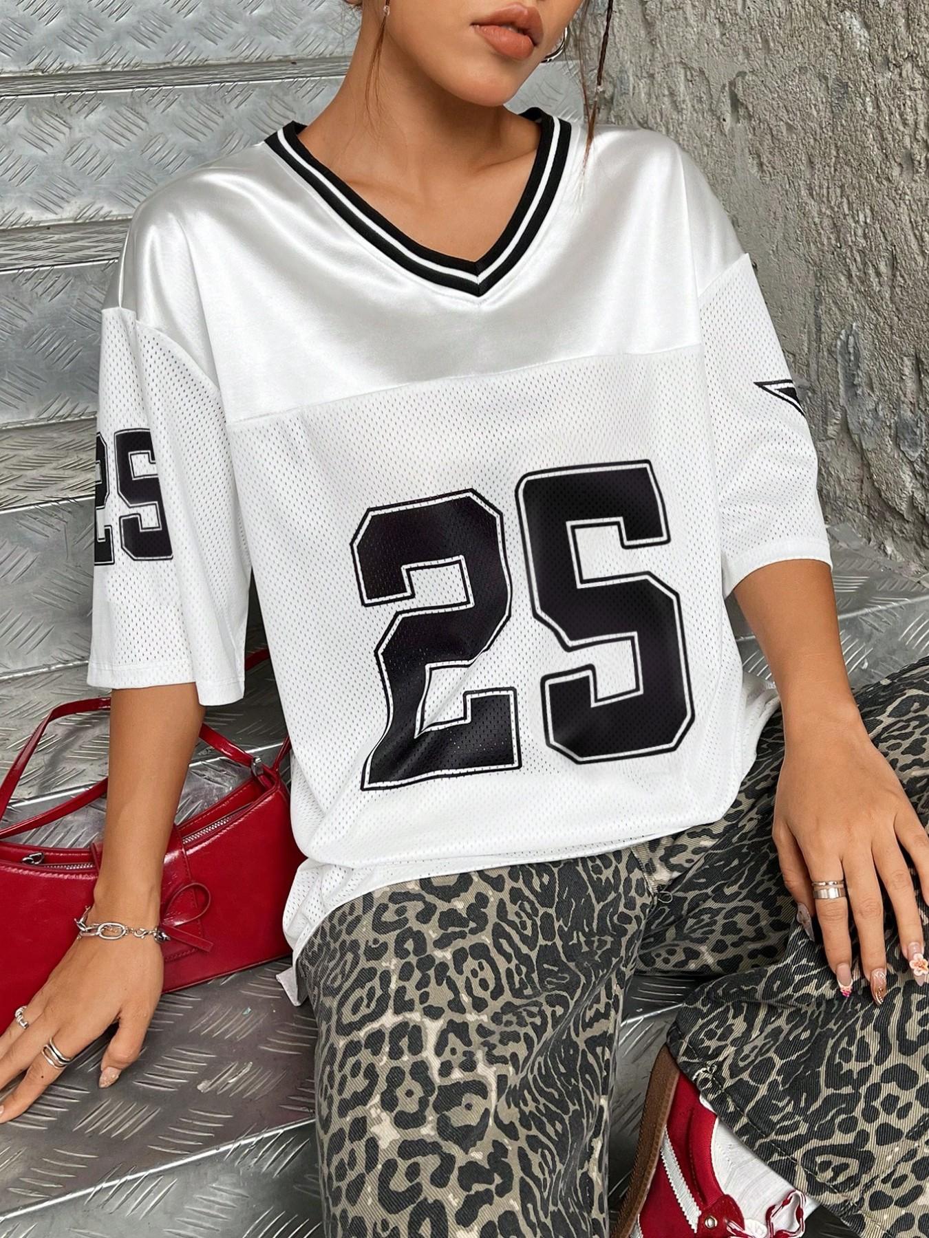 Women's Number 25 Varsity Mesh Football Jersey 🖤🤍 White/Black/Green Color Options | V-Neck Striped Trim & Star Sleeve Detail | Oversized Relaxed Fit | Perfect for Streetwear, Sporty Style & Y2K Outfits | Retro Sport Essential