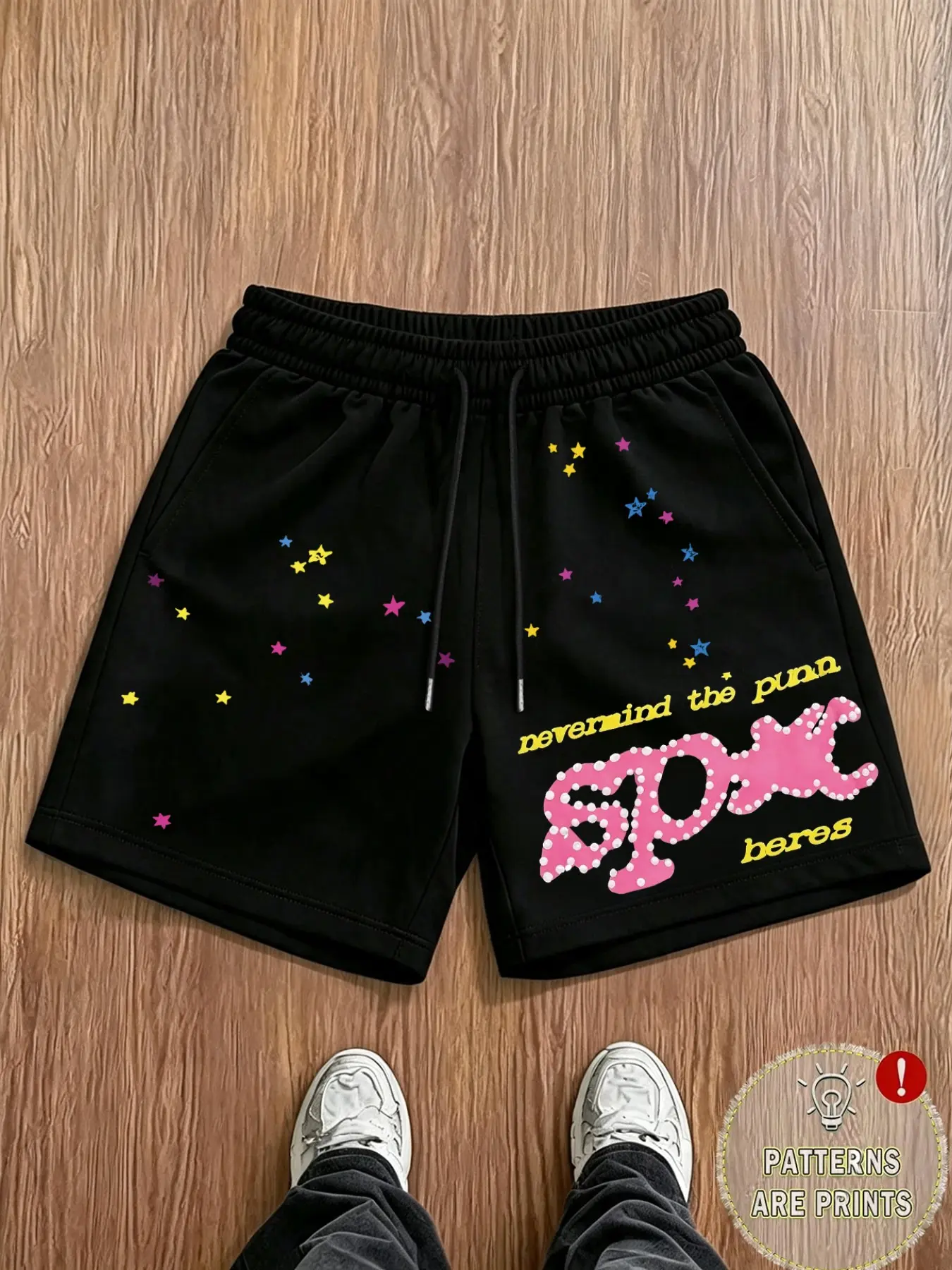 Men Black Loose Fit Sports Shorts | Retro Hip Hop Aesthetic | Multicolor Star Pattern & Slogan Printed Drawstring Short Pants | For Young Guys Daily Vacation Urban Casual Outfits