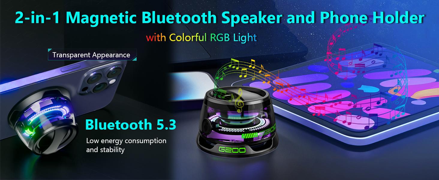 【MUNBYN Magnetic Bluetooth Speaker】Multifunctional Portable G200 Speaker with Multi RGB Color Light Show-3D Surround Sound Effect,Phone Stand for iPhone, Android, TWS Pairing (Black)