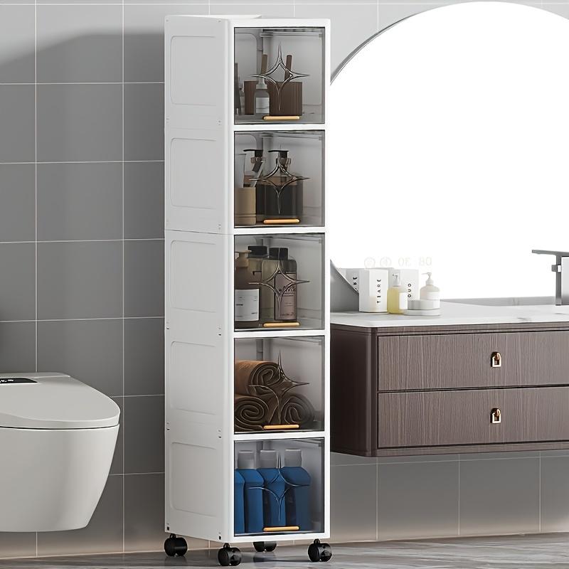 Multi-layer tall and narrow bathroom storage cabinet, portable toiletries storage cabinet with wheels, space-saving stackable storage containers, flip-top transparent cabinet door design, narrow storage unit, for small spaces