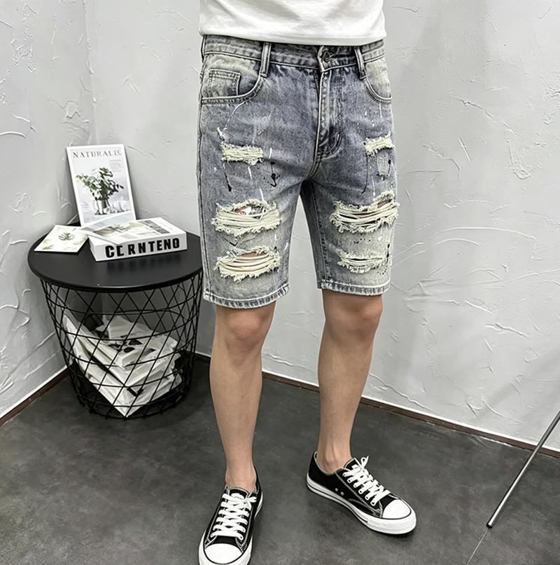 Z356  Men's denim shorts, trendy high street style, heavy-duty ripped, splatter-paint, slim-fit, stretchy mid-length shorts