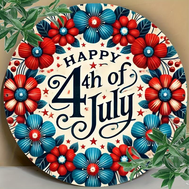 8x8in 1-Pack Round Metal Iron Sign, Vintage Patriotic Fourth of July Decor Plaque for Garage, Living Room Wall Decoration
