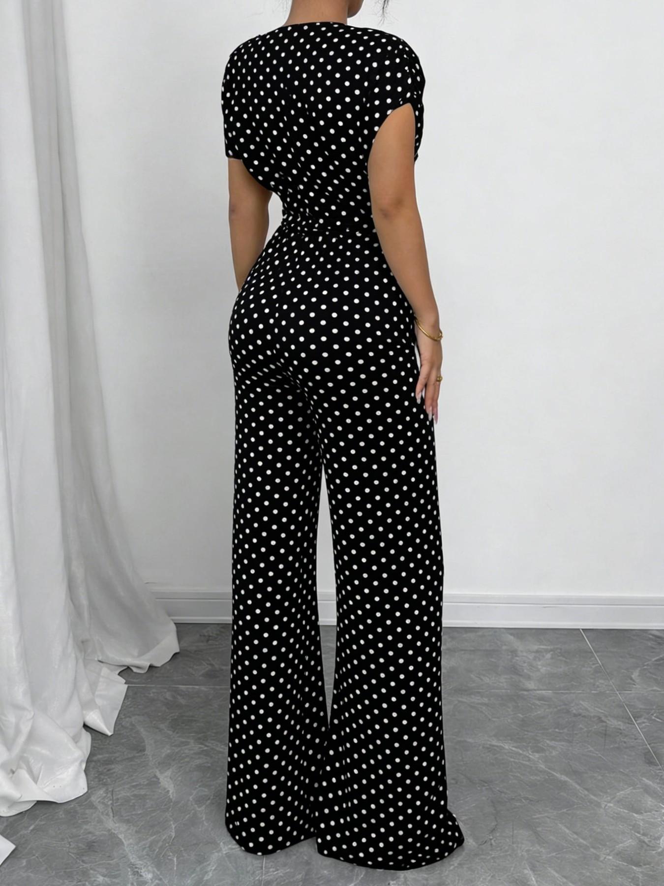 Women's Polka Dot Jumpsuit, Asymmetric One Shoulder, Short Sleeves, Waist Tie Belt, Wide Leg Full Length, Smooth Drapey Woven Fabric, Office Commute, Date Night & Party Wear, Breathable Non-Wrinkle Fabric, Elegant Retro Polka Dot Style