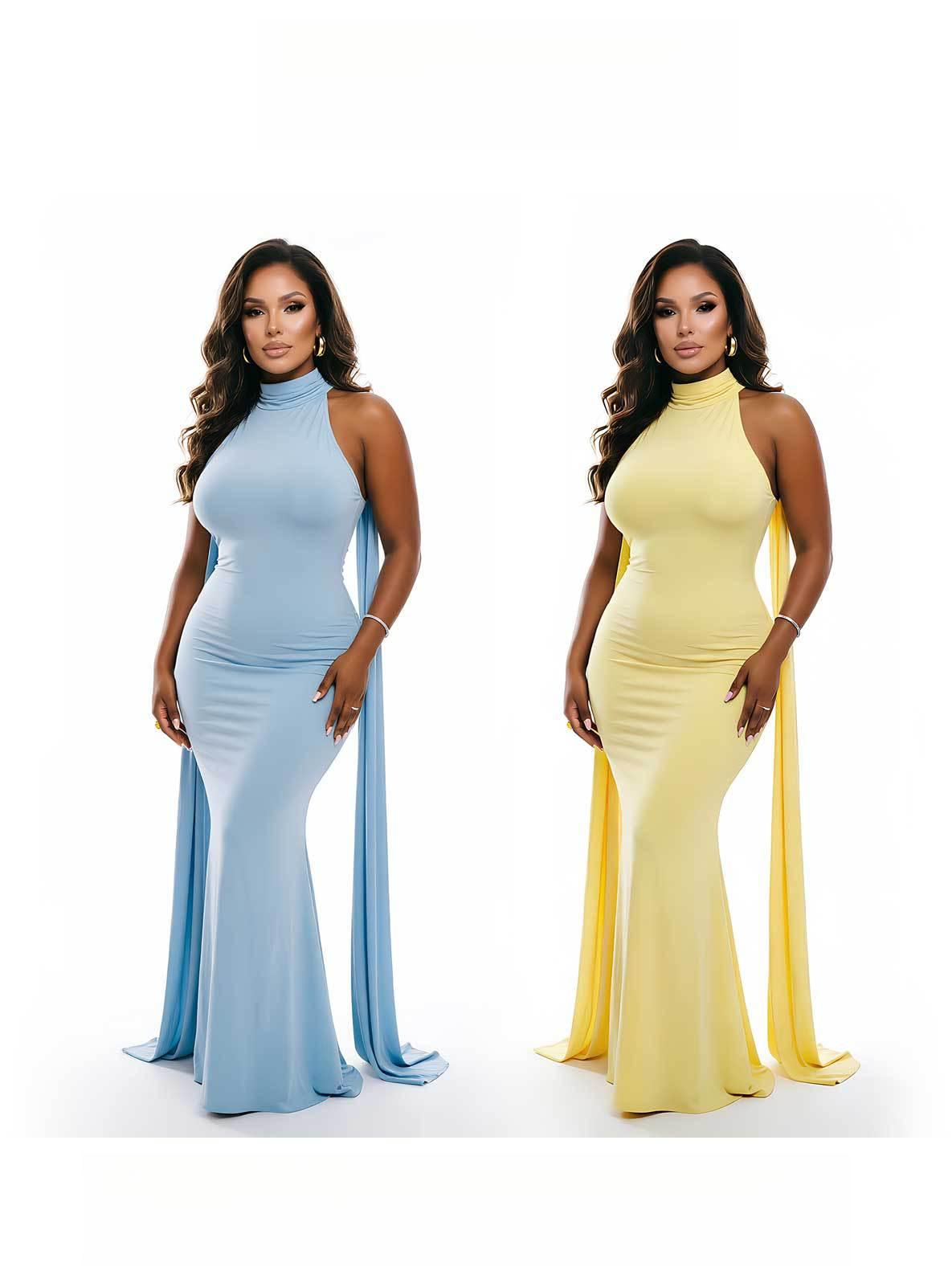 Plus Size Halter Mermaid Evening Dress Sleeveless Bodycon Long Formal Party Gown With Ribbon