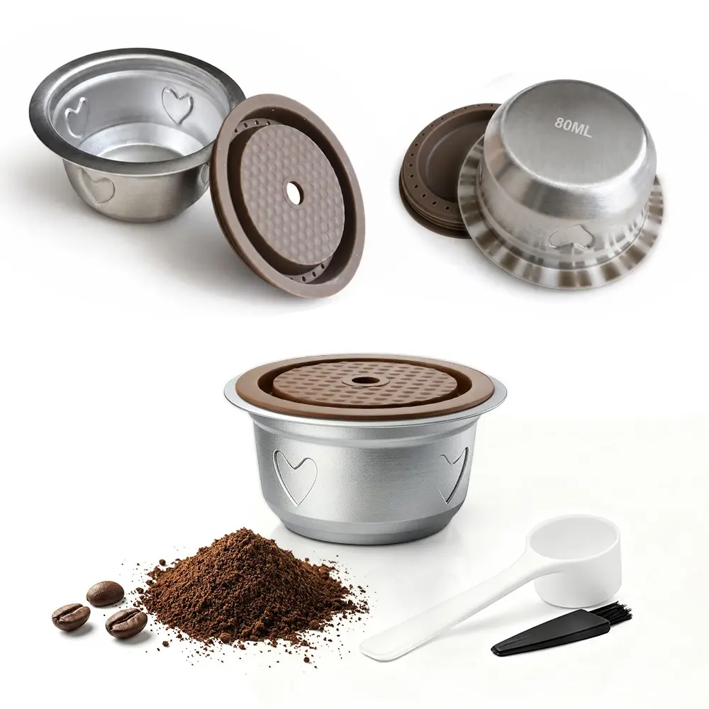 Reusable Coffee Pods for Nespresso Vertuo  Stainless Steel Machine, Perfect for Daily Use,Stainless Steel Pod with Silicone Lid, Spoon, Brush,  Compatible with Vertuo Plus, Next, Pop, ENV135 & 150