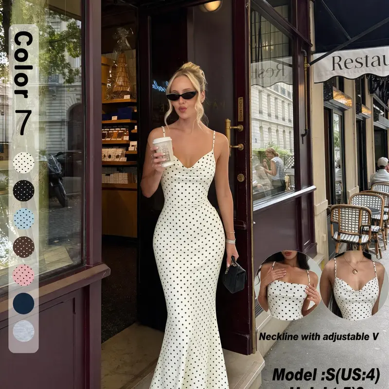 Women's Elegant Polka Dot Spaghetti Strap Dress, Bodycon Evening Dress Fit Fitted Style for, Perfect for Festive Occasions, Ladies' Fashionable Party Wear, Dresses for Party, Elegant Formal Style