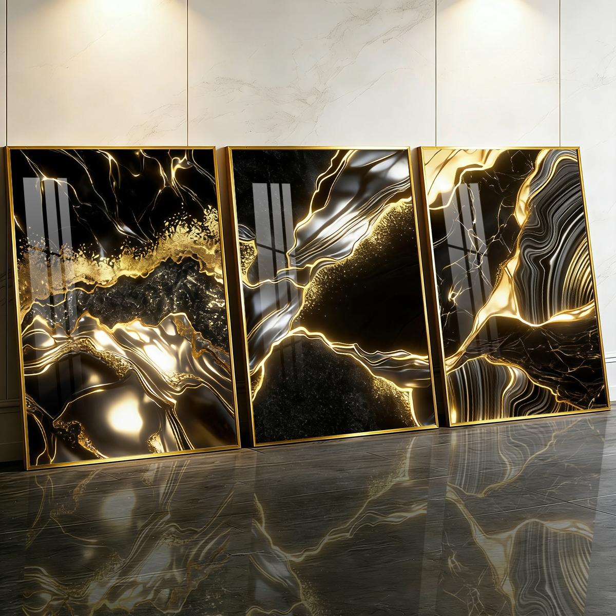 3 Counts Aluminum Alloy Framed Painting, Abstract Black And Gold Fluid Art Pictures, Home Decoration For Living Room, Bedroom, Office, Restaurant, Hallway Wall Decor, Odorless Print Artwork, Luxury Perfect Gift For Friends And Family