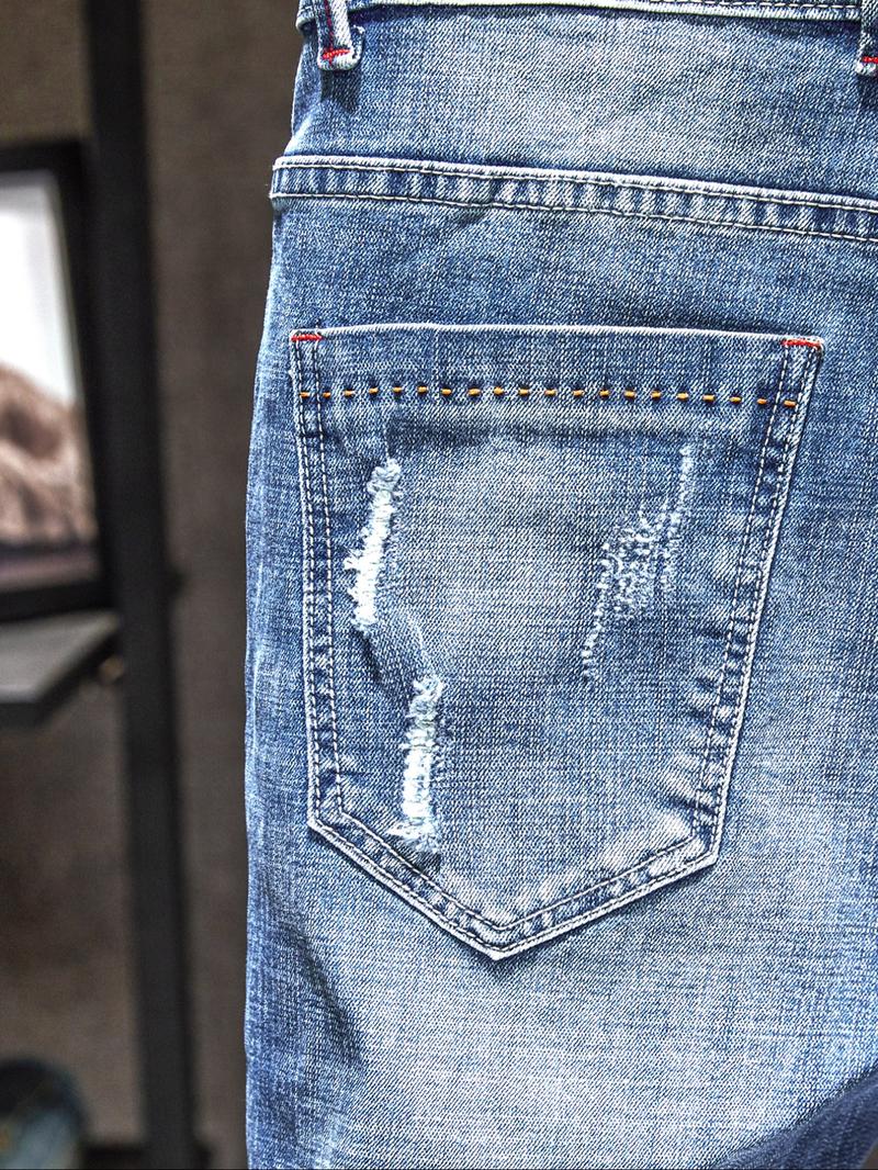 Men's Light Wash Distressed Ripped Fitted Denim Jeans, Trendy American Street Style, Perfect Gift for Husband or Boyfriend