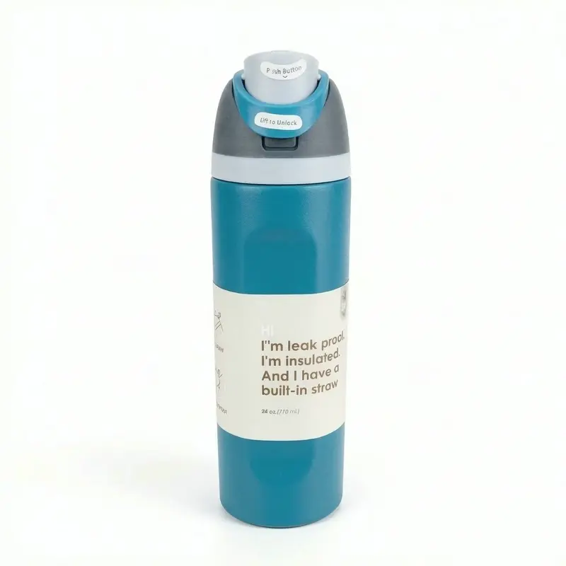 24oz Stainless Steel Vacuum Insulated Water Bottle, Leak Proof Travel Cup with Lid and Straw, Keeps Hot 12 Hours, Cold 24 Hours, Single Pack, Insulated Reusable Drinkware
