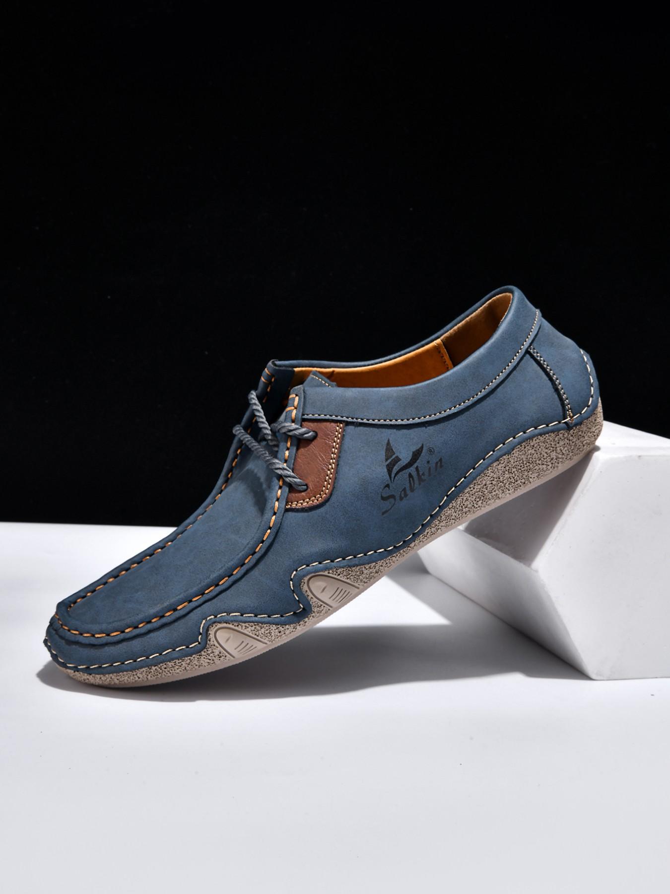 Men's Large Size Hand-Stitched Casual Shoes, Fashion Loafers, Low Top, Vintage Laces, Comfortable Rubber Sole, Outdoor & Office Wear