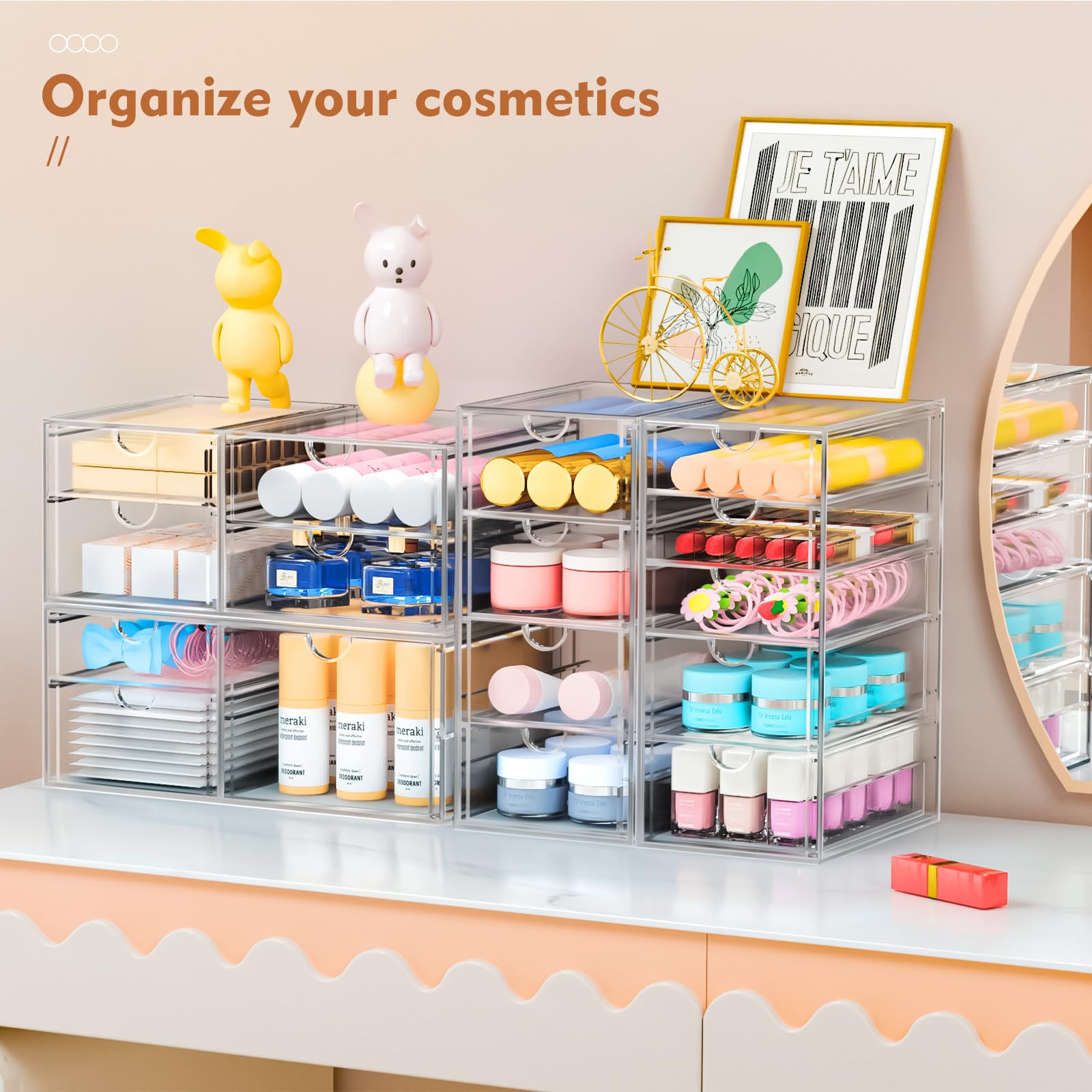 7CODE 30 Drawers Acrylic Desk Makeup Organizer Stackable Storage Solution for Makeup Dresser Office Bathroom Clear Plastic Craft Bead Storage Cabinet