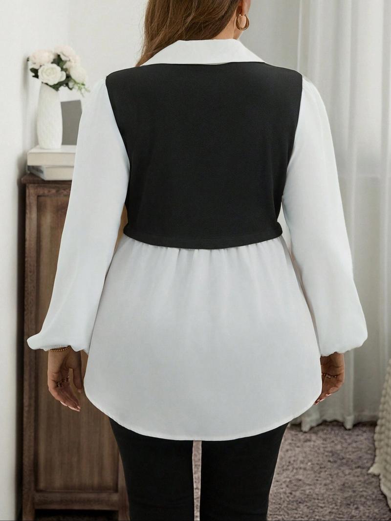 Women's Colorblock 2 in 1 Long Sleeve Button Collared Blouse, Casual Bishop Sleeve Collar Top for Spring & Fall, Women's Clothes for Daily Wear, Vintage 90s Tops