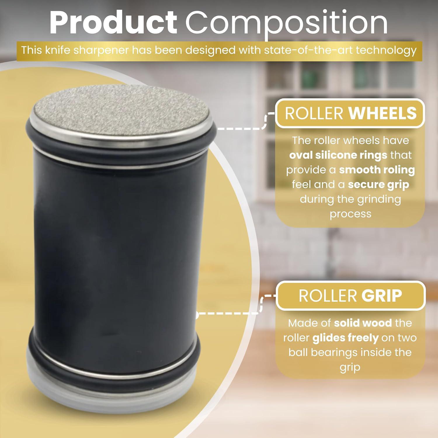 Rolling Knife Sharpener Kit, Chef Knife Sharpener Tool for Kitchen Knives, Roller Knife Sharpening System with 15 & 20 Degree Magnetic Angle, Wooden Roller with Diamond Discs