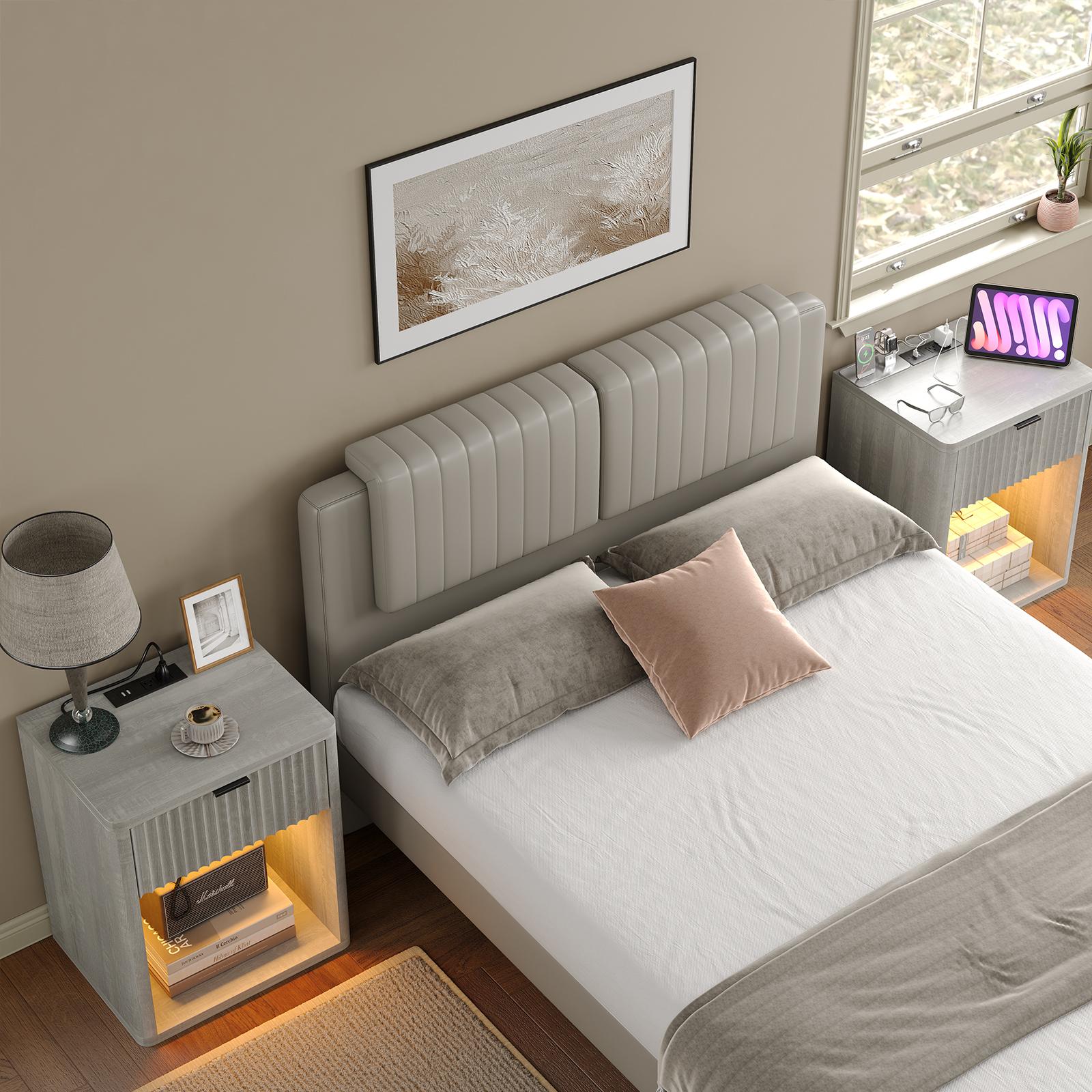 FUSOU Night Stand with Charging Station, Large LED Nightstand with Drawer and Storage Shelf, Lighting Modes Adjustable, Modern Deals for you Days Wood Nightstand Side Table End Table for Bedroom, Living Room, Oak