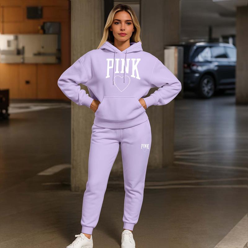 Women's Pink Heart Print Hair And Sunglasses Hoodie And Drawstring Track Pants Set, Casual Sportswear, Long-Sleeved Hooded Jacket And Pants, Suitable For Autumn And Winter, Everyday Wear, Indoor And Outdoor Sportswear, Casual Sportswear.