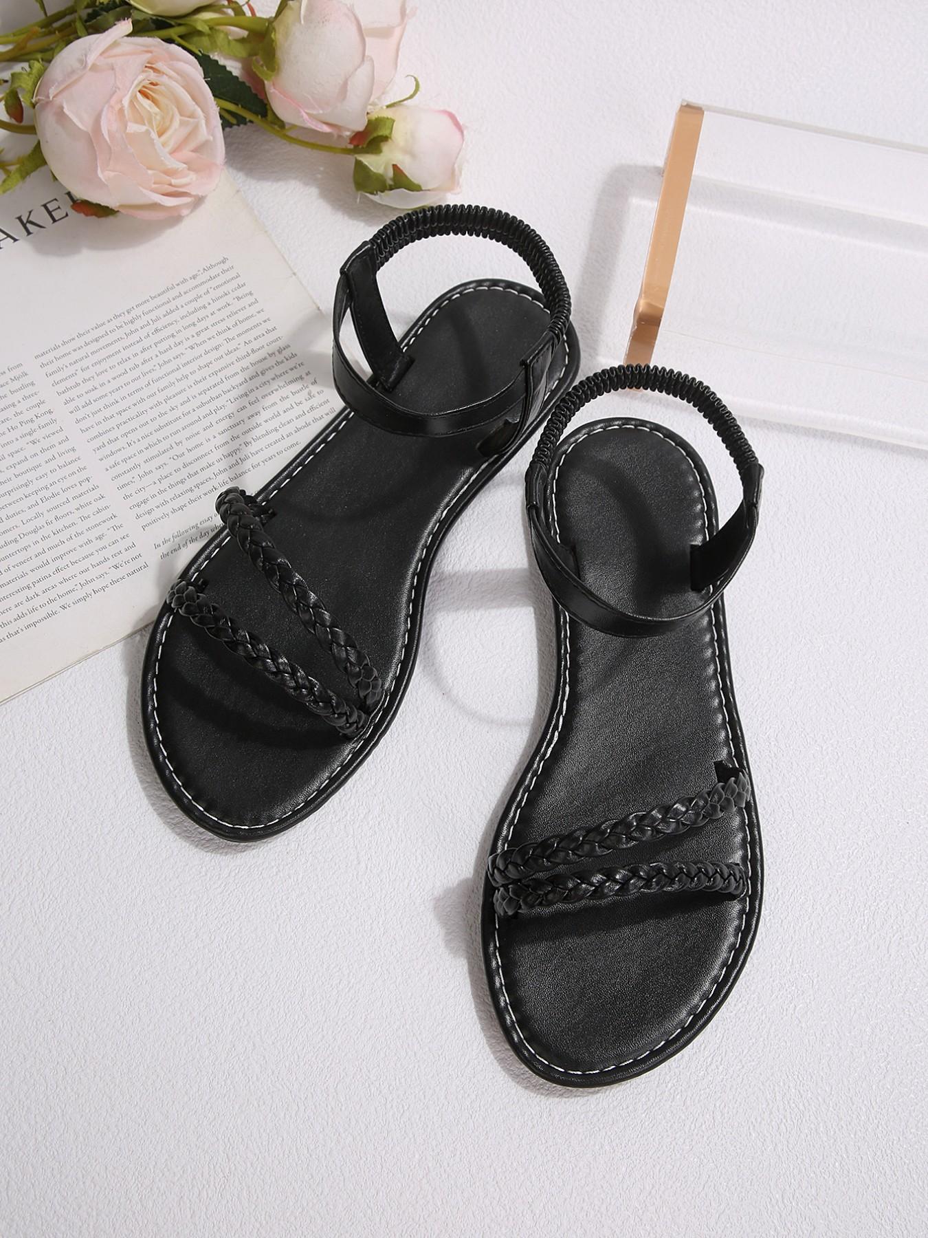 Boho Style Fashion Braided Flat Sandals, Comfortable Elastic Ankle Strap Beach Shoes, Stylish and Versatile Footwear for Summer