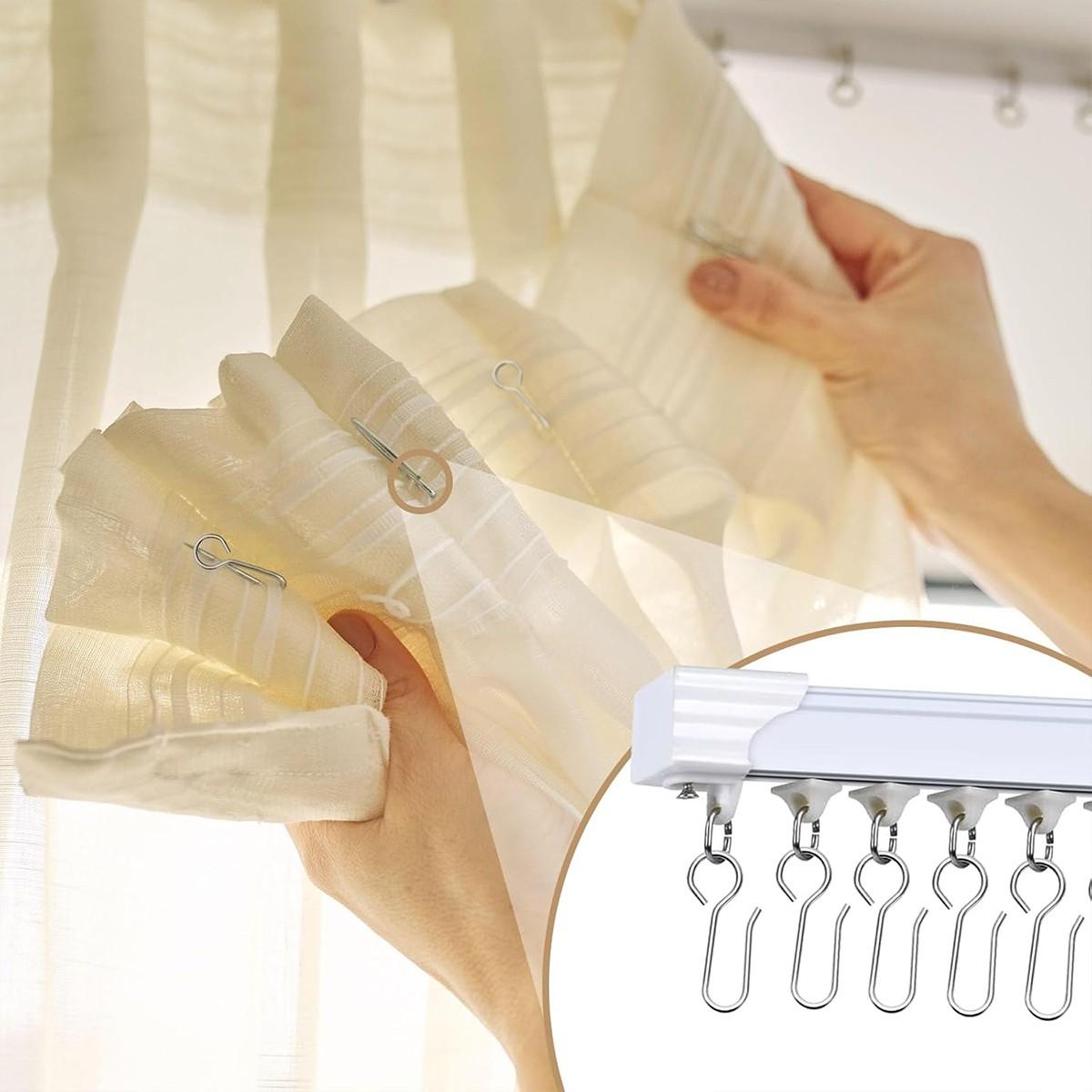 50pcs Small Curtain Track Hooks, S Shaped Short Drape Pins, Flexible Ceiling Curtain Track Rollers, Metal Rod Clips Holder - Silver Color