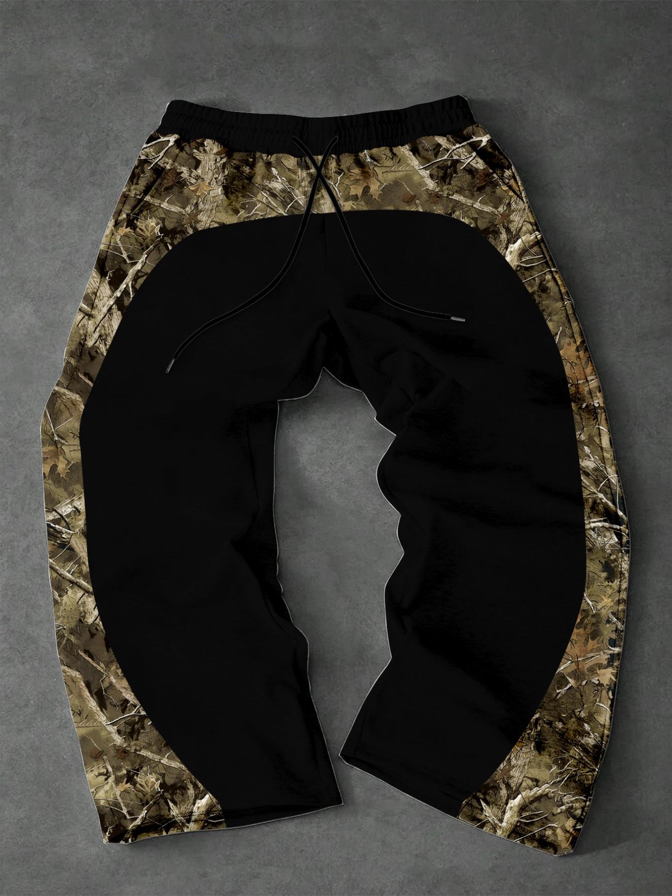 Men Wilderness Realtree Leaf Camo, Camouflage Curved Side Panel Splicing Printed Wide Leg Sweatpants Adjustable Drawstring Elastic High Waist Streetwear Bottoms Y2K Outdoor Hunting Hip Hop Utility Style Trousers For Forest Hiking Daily City Commute