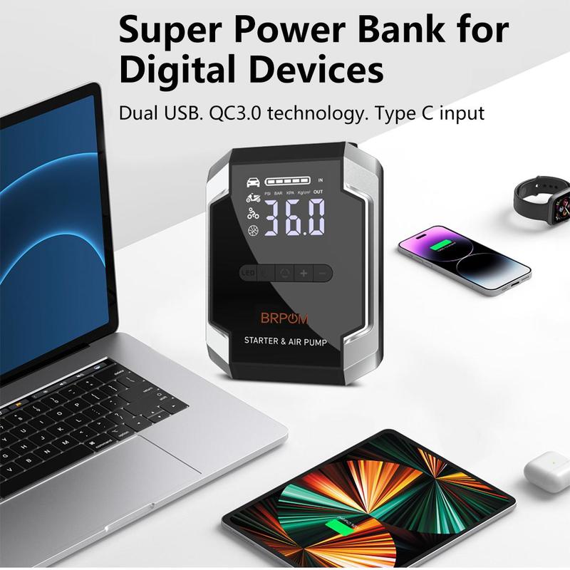 BRPOM [5 in 1] 8500A Portable Car JumpStarter with Air Compressor(ALL Gas, 10.0L Diesel) WithTire Inflator, 12V Car Battery JumpPower Fast charging With LED Light Jump starter