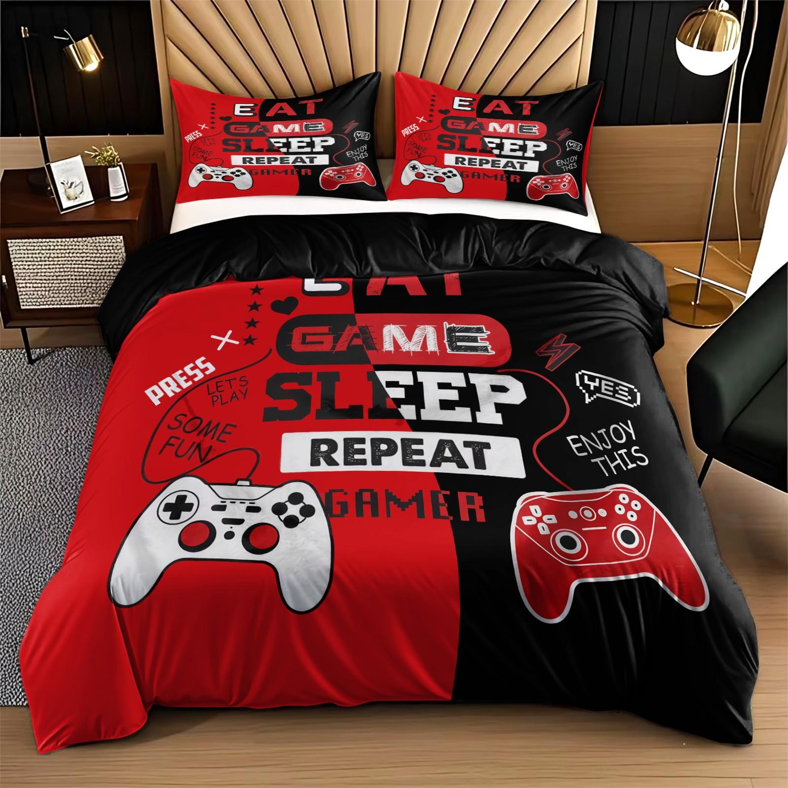 3-Piece Game Controller Print Bedding Set, Soft Breathable Fabric, All-Season Use, Includes 1 Fitted Sheet + 2 Pillowcases