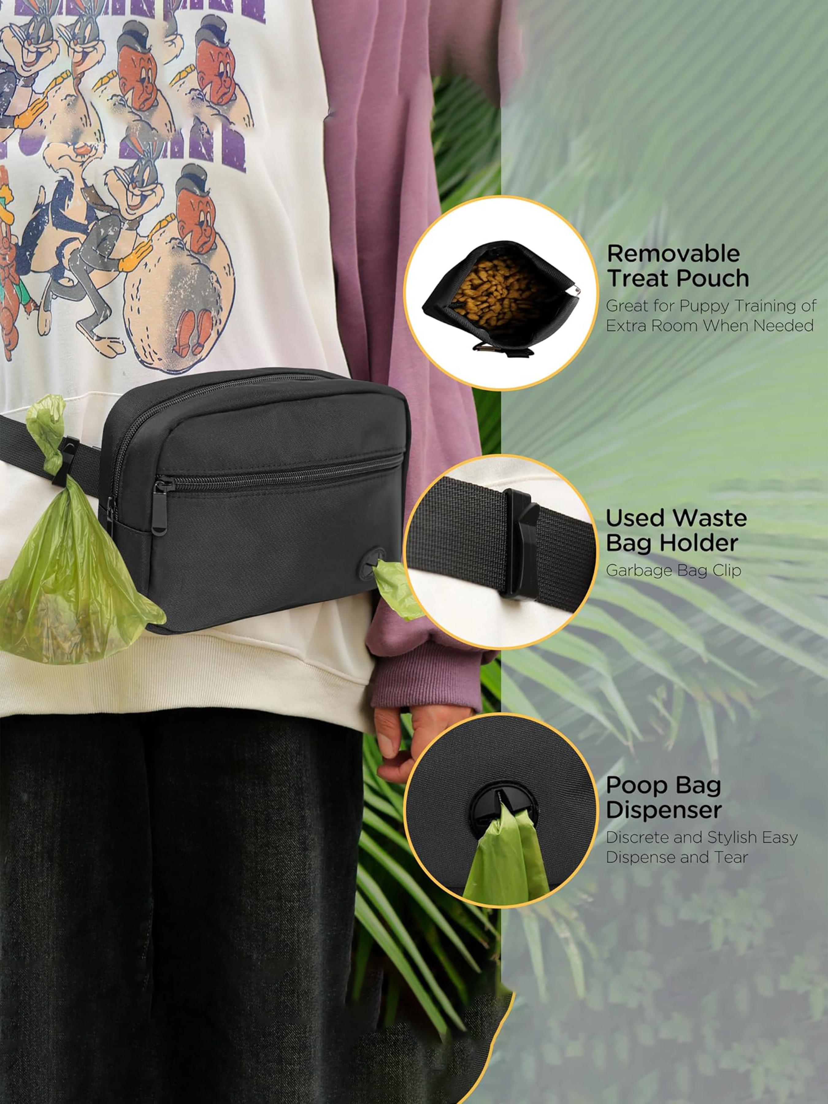 Dog Treat Pouch, Pet Training Treat Bag, Dog Walking Fanny Pack with Carabiner, Built-in Poop Bag Dispenser & Reuse Dog Poop Holder, Puppy Pet Treat Waist Belt