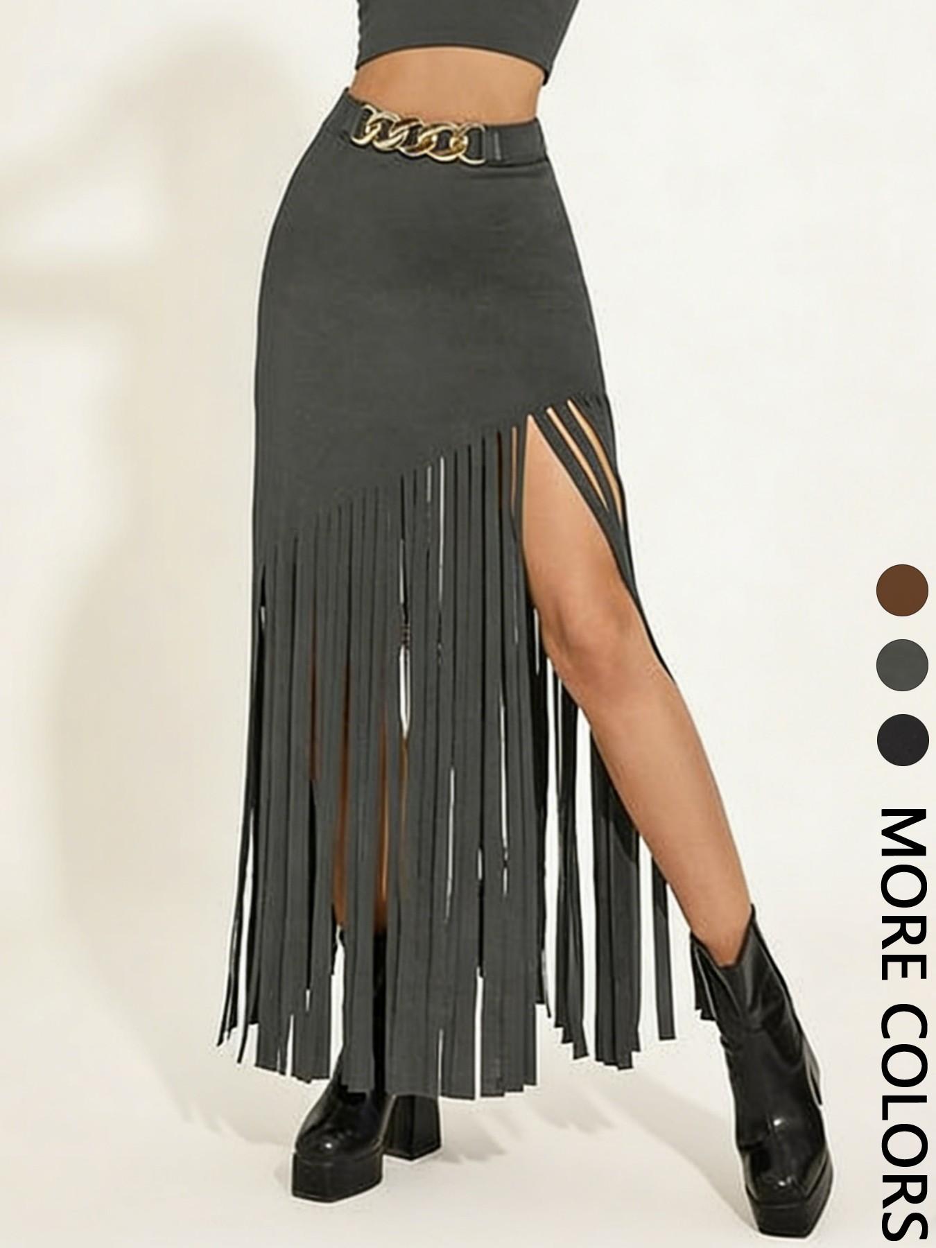 Women's Solid Color Fitted Fringe Trim Skirt, Fashionable Long Skirt for Party Club Dating Wear, Women's Bottoms for Summer