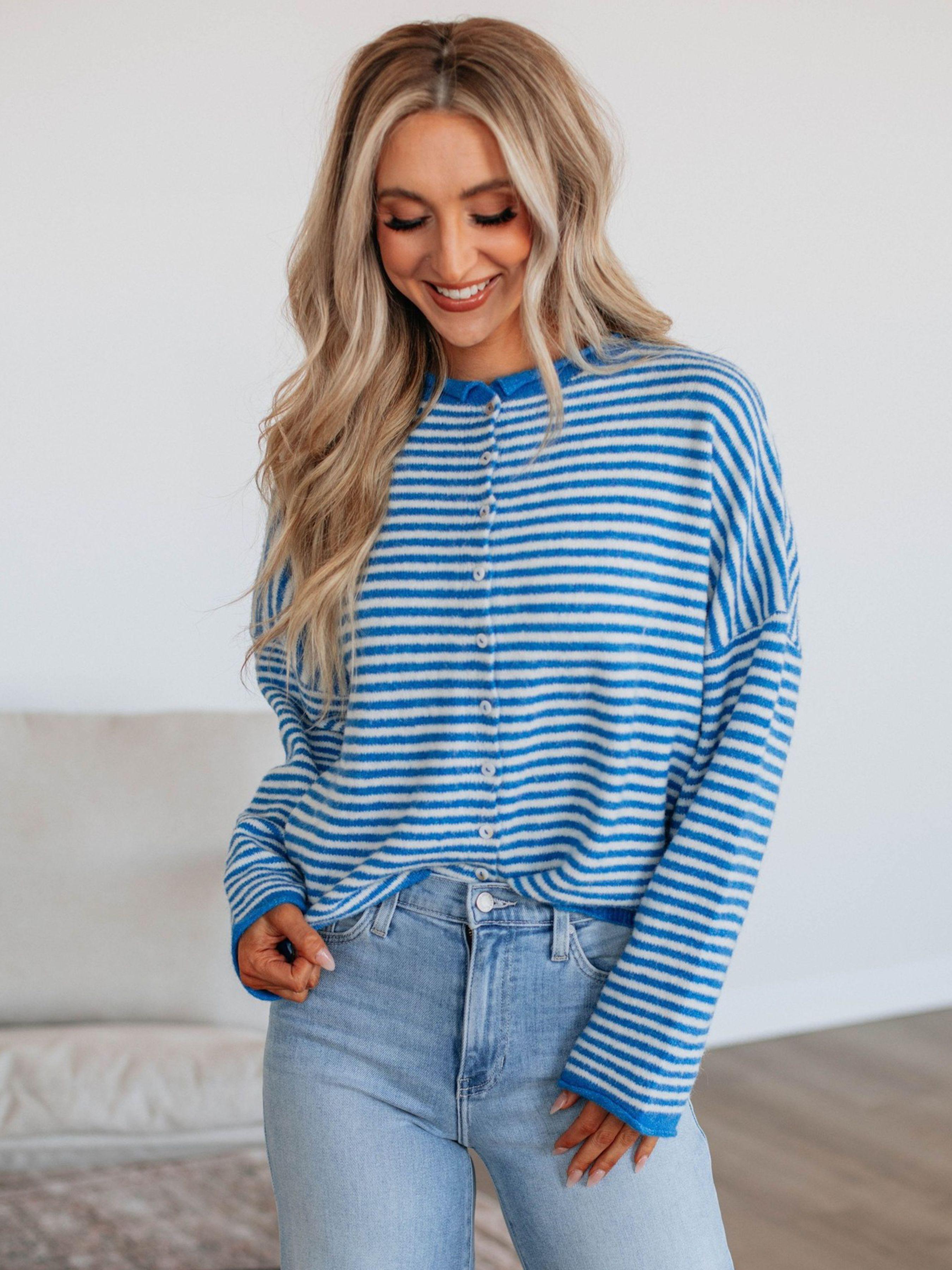 Women's Striped Casual Long Sleeve Loose Knit Sweater, Tops, Lightweight Fall & Winter Fashion, Button Front Open Front Design