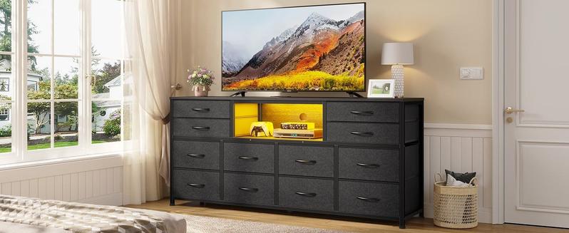 Sikaic 55 inch LED TV Stand Dresser with Power Outlets and 12 Drawers PU Black Furniture Storage Organize Living Room Modern Design Organization Organizing