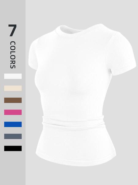 Women's Sporty Slim-Fit Yoga Short sleeve Top, Elastic Breathable Fabric, Plain Pattern XXL Size, All Season Wear, Athletic Yoga Shirts