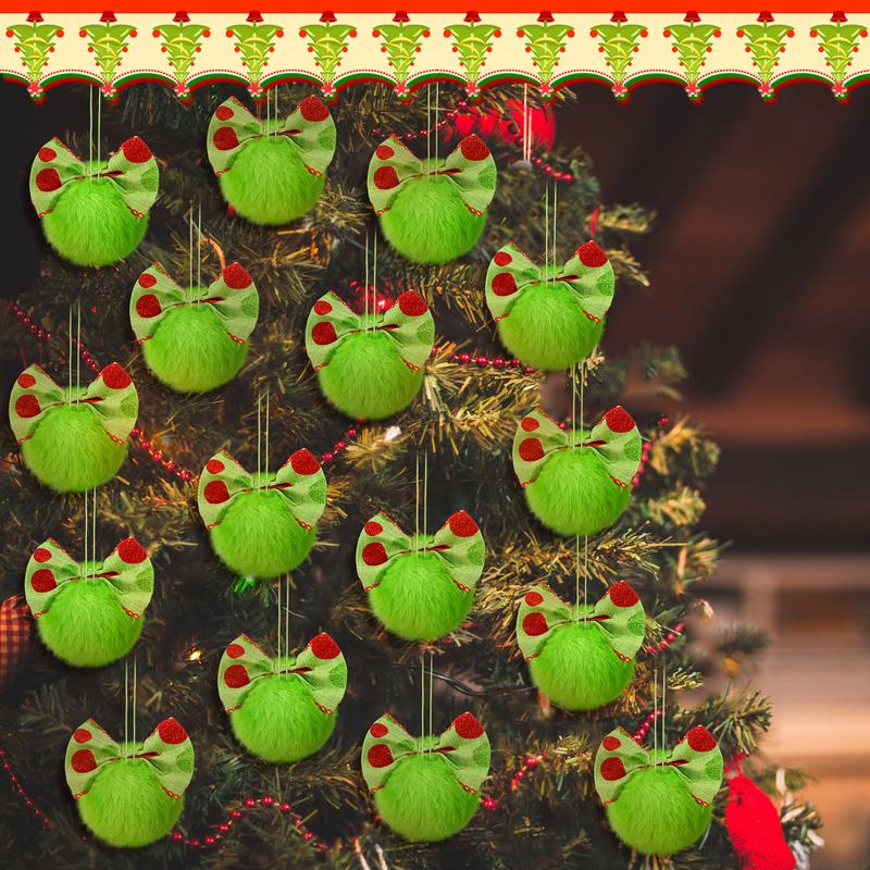 Christmas Clearance Sale Christmas Decorations Green Monster Christmas Ornament Christmas Balls, Shatterproof Glittering Christmas Tree Decoration, Funny Cute Lime Green Furry Hanging Ornament with Red Bow, Holiday Party Home Christmas Decor for Xmas Tree