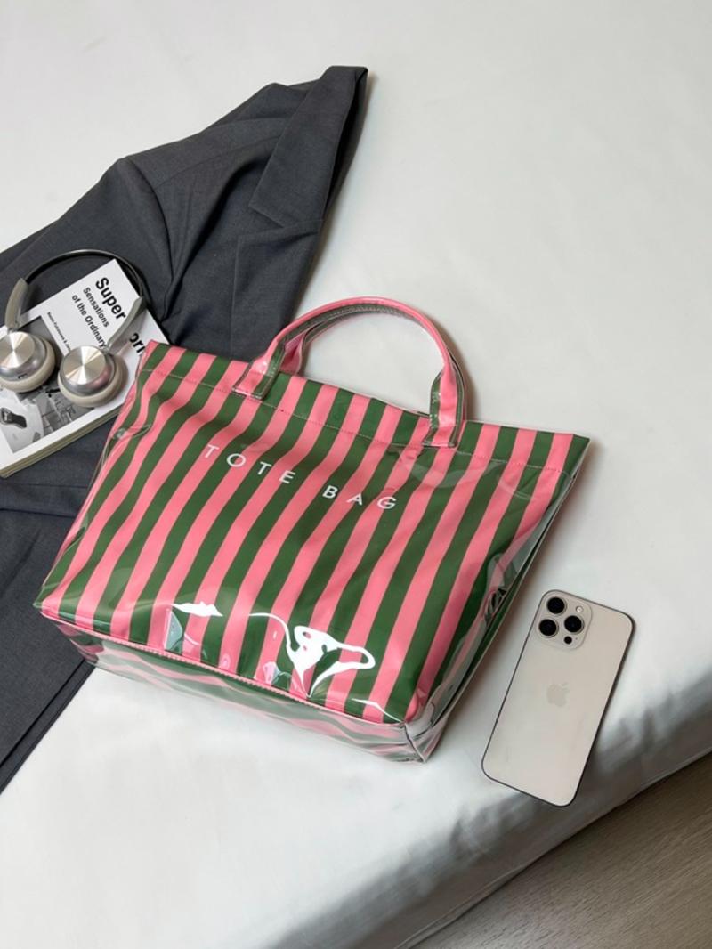 Valentine's Day New Sweet Fresh Stripe Tote Bag, Shiny PVC Large Capacity Commuter Bag, Casual Trendy Bag, Perfect for Spring Summer Shopping