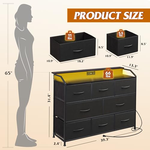 Fabric Drawer Dressing Table with Power Outlets and LED Lights, Multi-Functional TV Cabinet & Storage Cabinet with Built-in Electrical Sockets, Black Fabric Drawers with Metal Frame, Perfect for Bedroom, Living Room & Media Storage