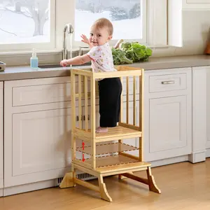 Toddler Step Stool - Height Adjustable Kids Standing Tower for Kitchen and Bathroom - Toddler Kitchen Stool Helper with Stabilizing Base for Sink and Counter (Natural)