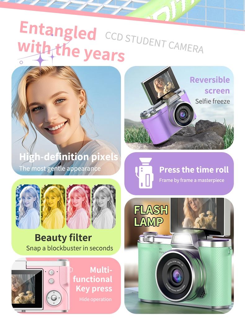 Foldable Screen Student Camera, Retro Ccd Card Camera, 1080P Digital Portable Camera, Includes Phone Chain and 32GB Storage, Perfect Gift