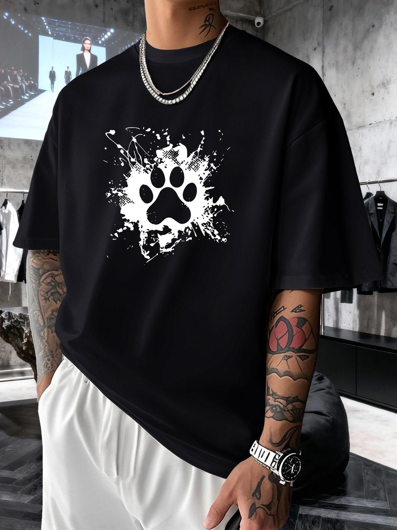 Men's Short Sleeve T-Shirt Summer, Dog Paw Cat Paw Ink Creative Print, Heart Healing Style, Loose Fit Drop Shoulder Top