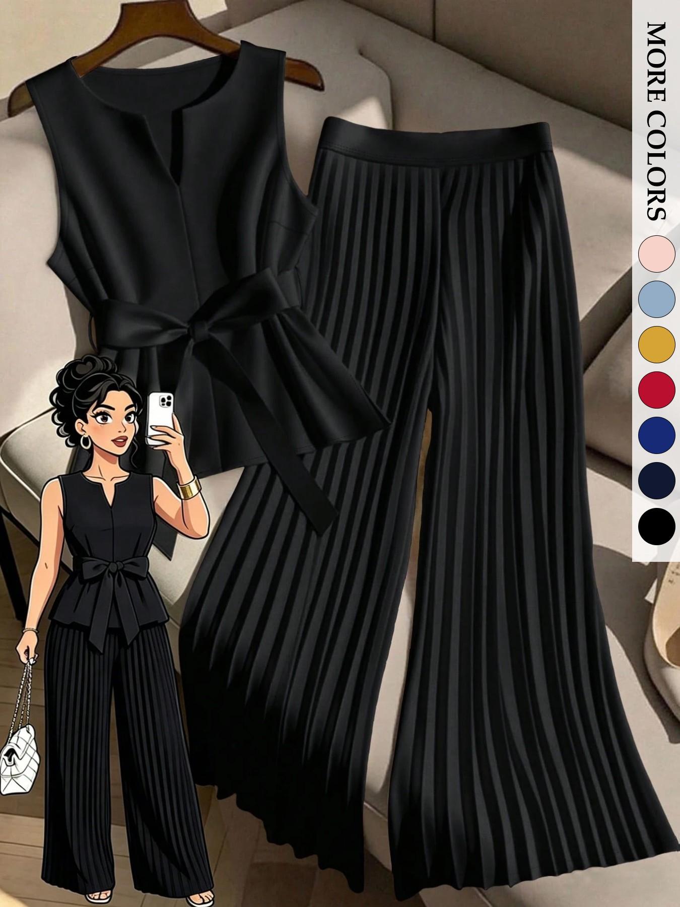 Women's Plus Size Trendy Chic Fashion 2 Piece Outfit, Sleeveless Top & Pleated Wide Leg Pants Set, Tie Waist V-Neck Plisse Flowy Elegant Office Workwear