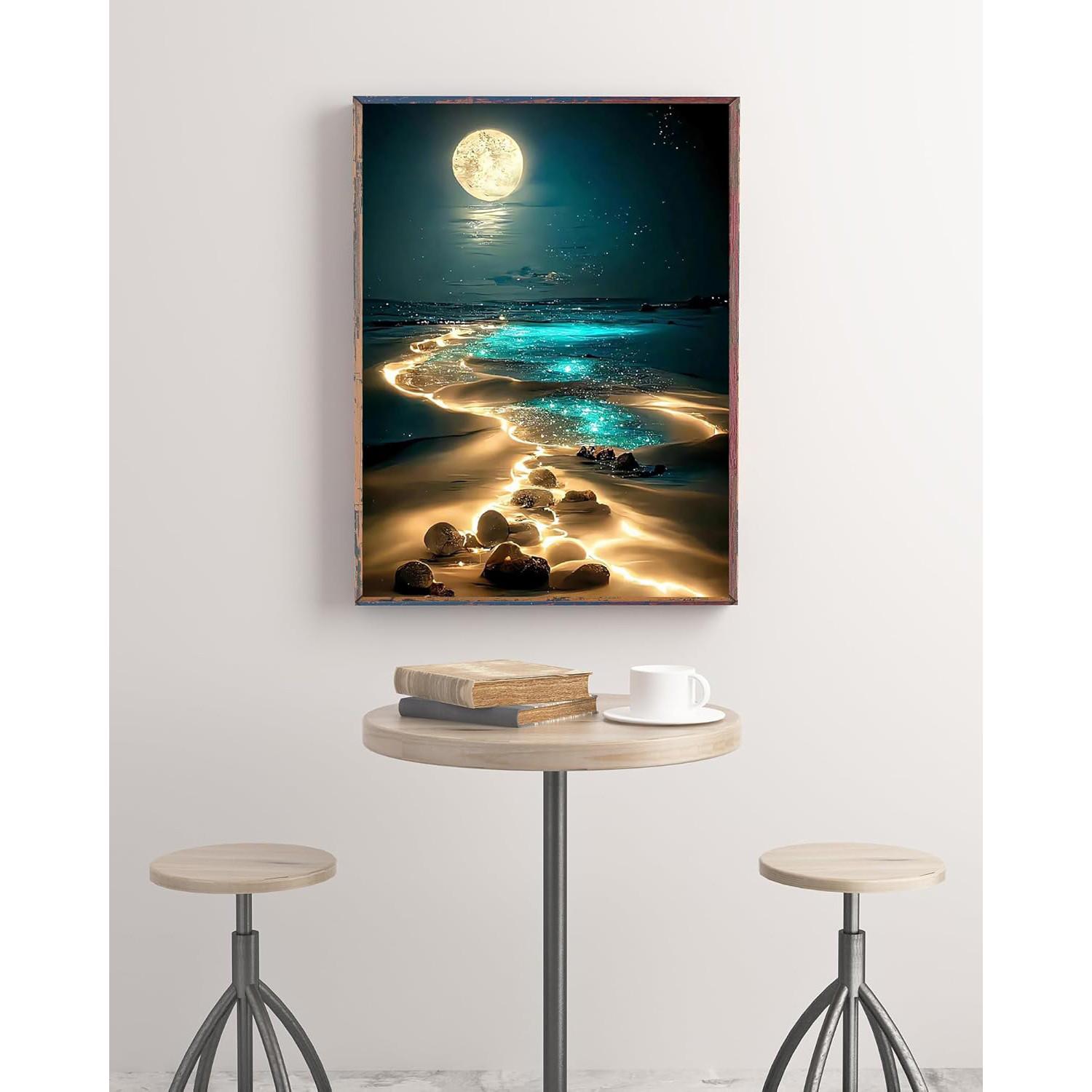 Adult Moonlight Beach Diamond Painting Kit, 5D Coastal Moonlight Diamond Art Set for Beginners, DIY Full Drill Diamond Painting, Home Wall Decor, 12x16 Inches