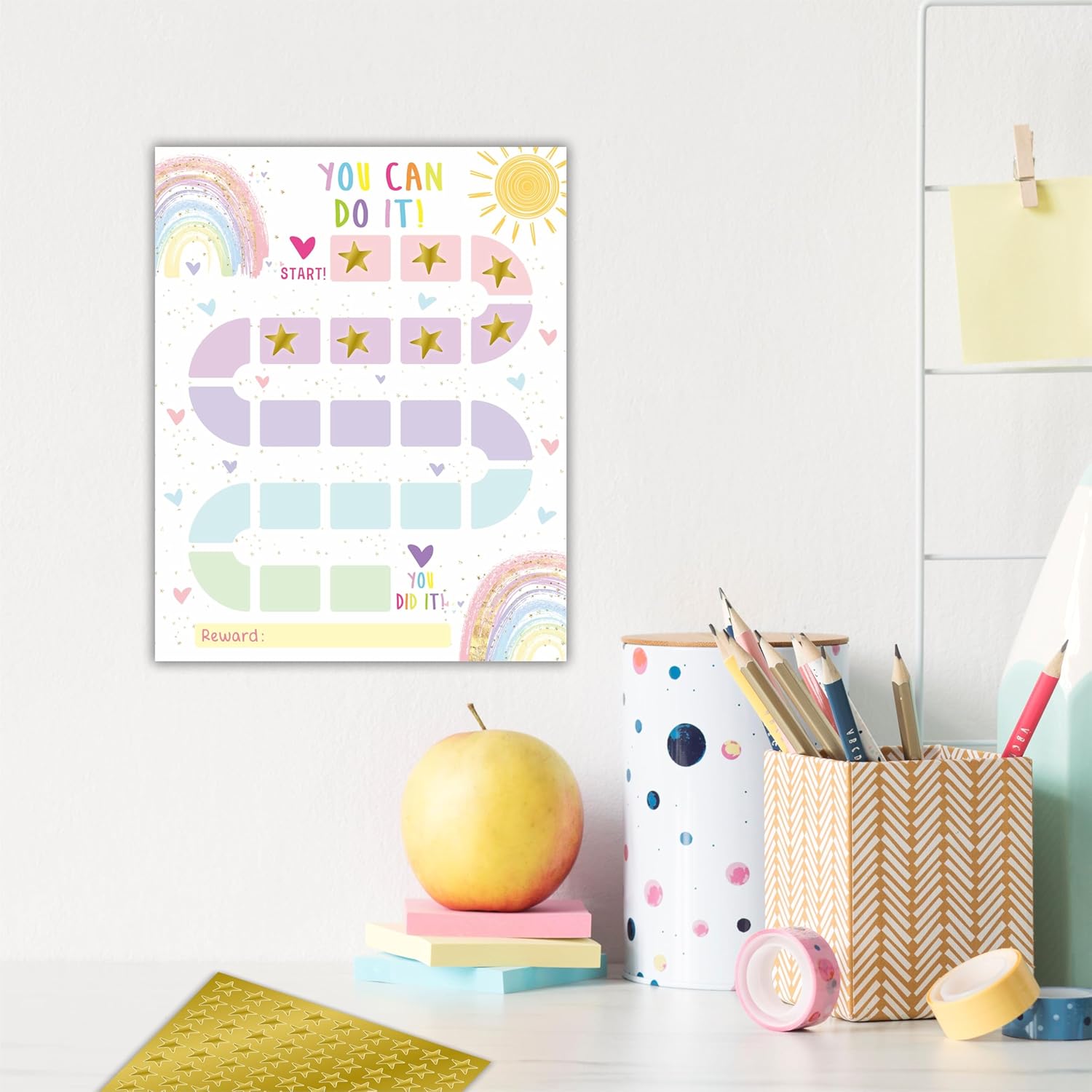 10  Chart with 206 Golden  Stickers-Boho Rainbow Theme -Incentive Chart,Positive Behavior  Chart for , Homework Assignments, Attendance(8"X10")-A03