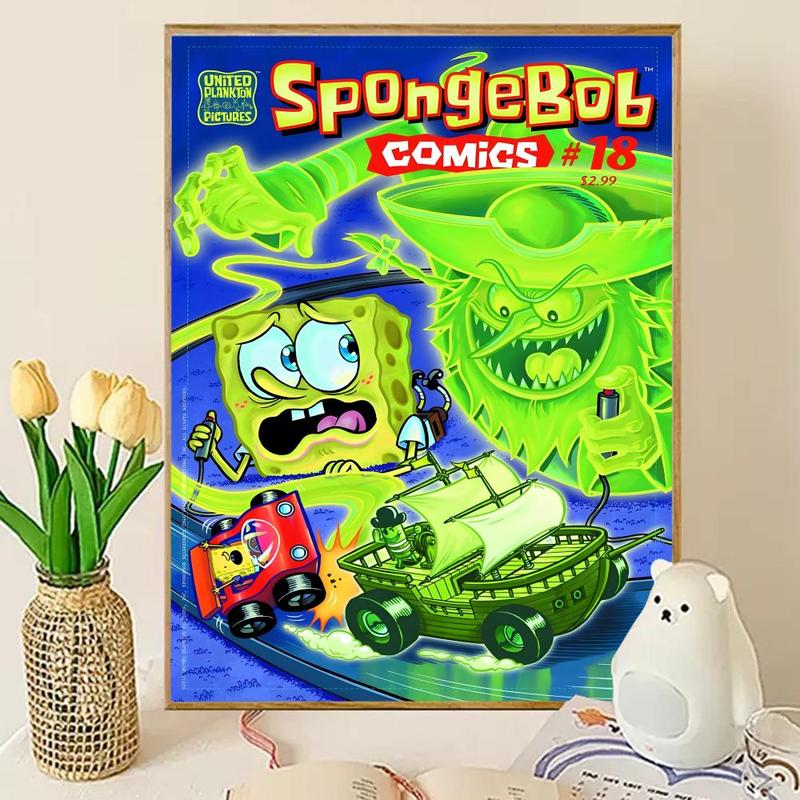 Animated Cartoon S-Sponge-Bob Poster Sticky Wall Art Printing Waterproof Modern Aesthetic Home Living Bedroom Decor Trendy Room Decoration Gift Durable High Quality