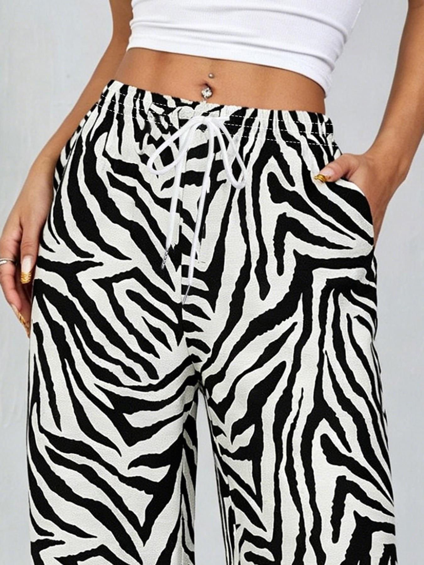 Women's Zebra Print Drawstring Adjustable Wide Leg Pants, Elastic Waist with Pockets, Casual All-Season Comfortable Fashion, Daily Wear