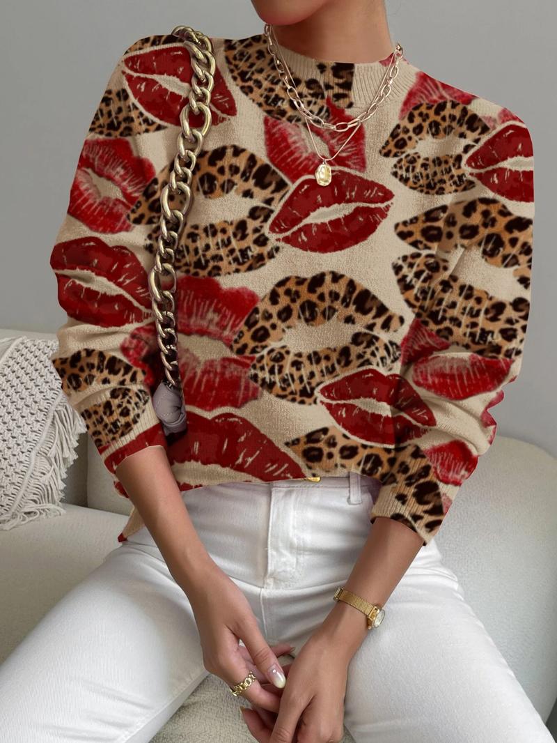 Women's Leopard Print Lip Design Mock Neck Sweater, Cozy Long Sleeve Knit Top for Fall & Winter, Casual and Versatile Women's Clothing