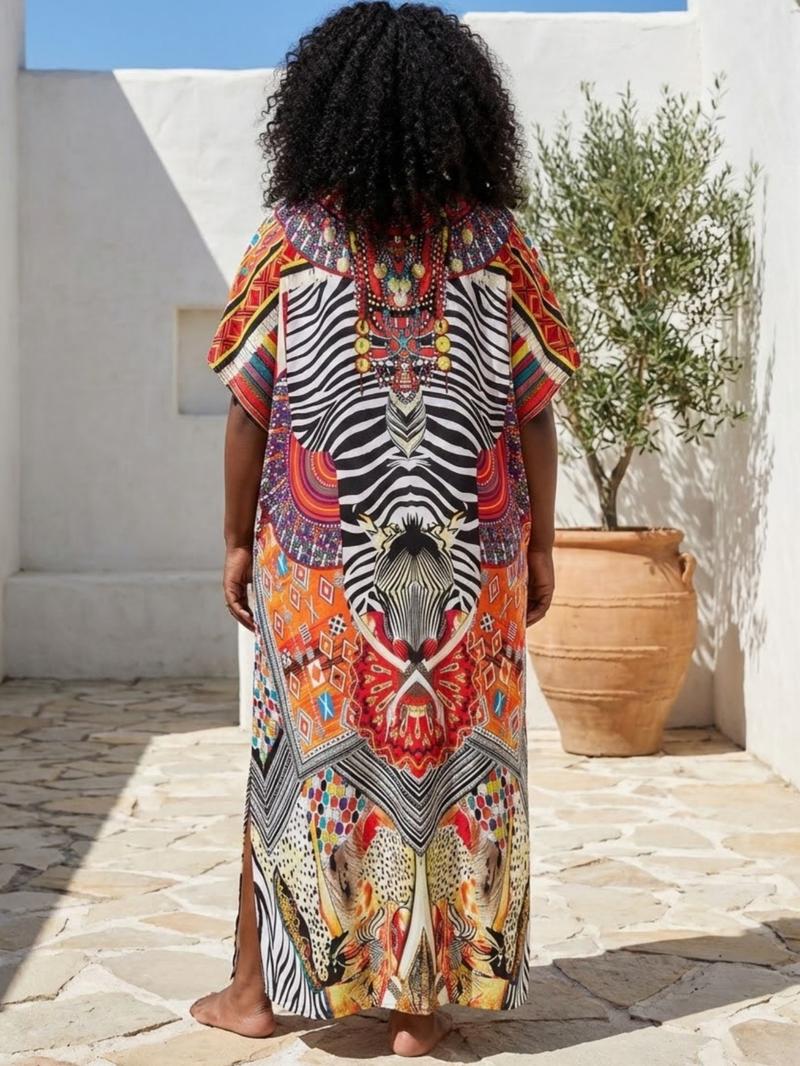 EDOLYNSA kaftans for woman oversized Moo Moo Dress printing Beach Holiday Dress beach wear vacation lounge around cover up party casual outfits muumuu caftan Comfy Homewear versatile Robe Q1469