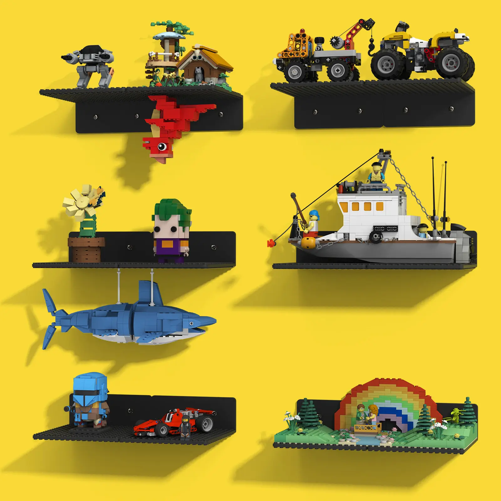 BlissBox 12-Pack Floating Shelves for Wall Compatible with Lego Building Bricks, 5x5.5inch Dual‑Sided 16x17 Studs for Minifigures Toy Brick Storage and Display, ABS Display Shelves for Room Decor, Black Wall Mounted Organizer Wall Mountable