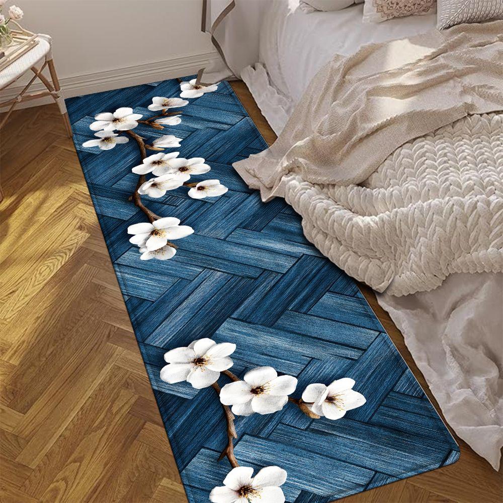 1PC， Blue and White Magnolia Branch Pattern strip rugs, home décor, bathroom mats, entryway mats, bathroom non-slip mats, indoor entrance rugs, bedroom bedside mats, kitchen mats, hallway rugs, flannel sponge rugs, hallway runner rugs
