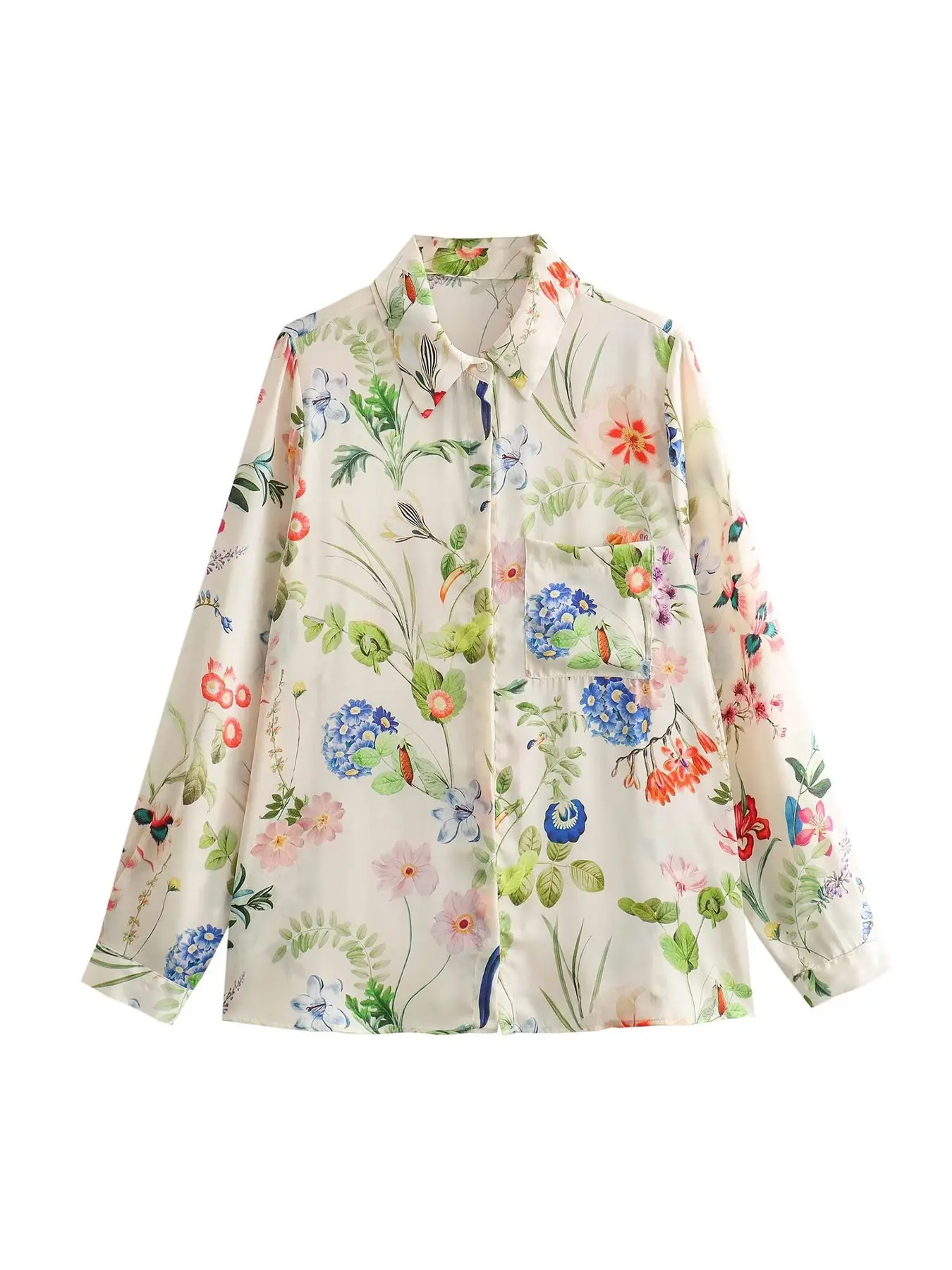 Women's French Countryside Style Watercolor Floral Print Shirt, Single Pocket Design, Loose Fit, Long Sleeve, Versatile for All Seasons