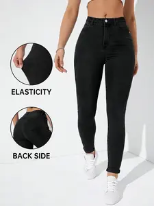 Women's High Waist Tight Jeans, Waist Cinching Butt Lifting, Slim Fit Casual Stretchy Nine-Inch Pants, Street Style, Daily Commute, Music Festival