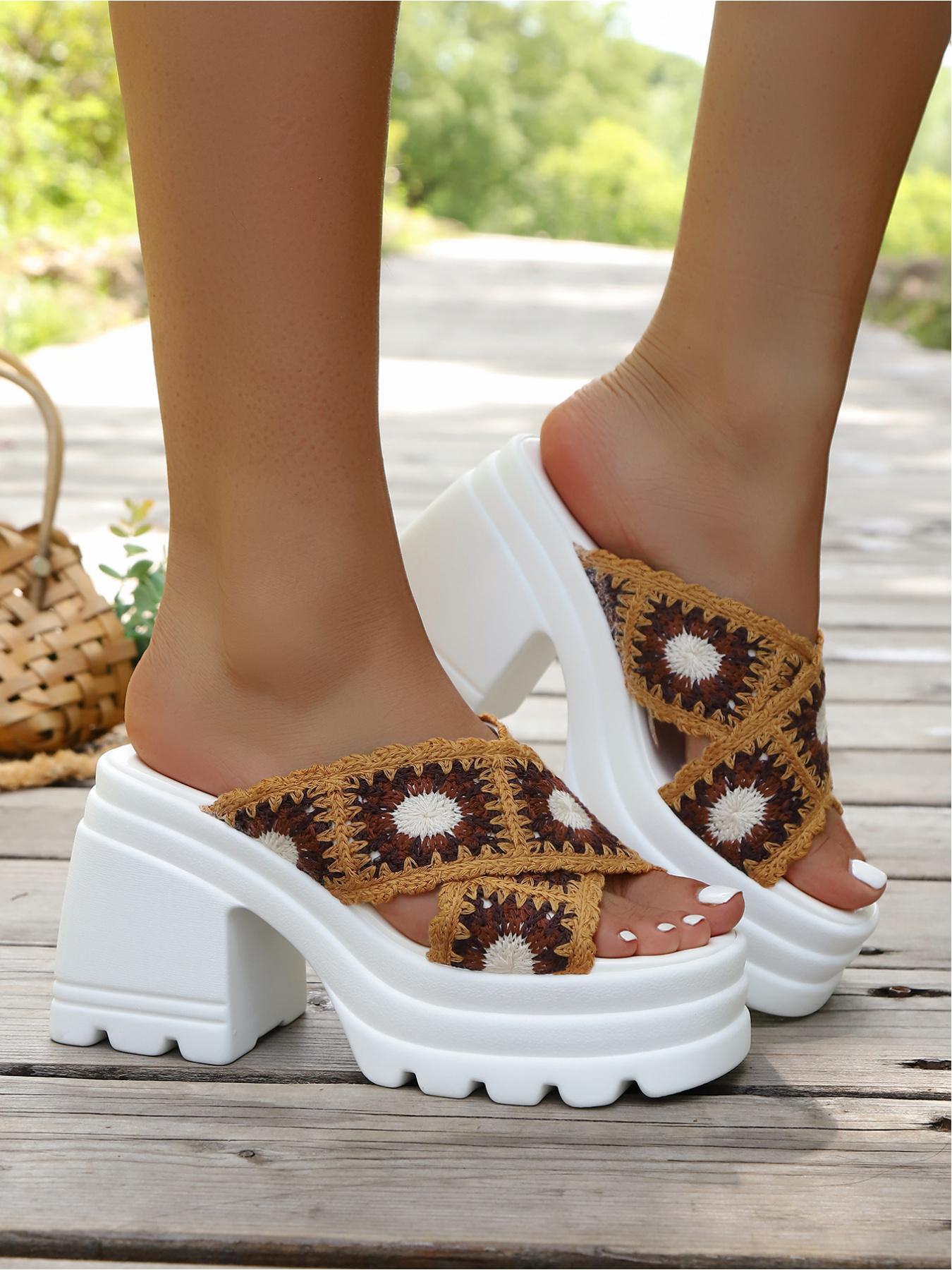 Boho Style Handmade Crochet Shoes, Colorful Block Pattern, Cross Strap Design, Thick Sole Heel, Waterproof Anti-Slip, Comfortable & Stylish