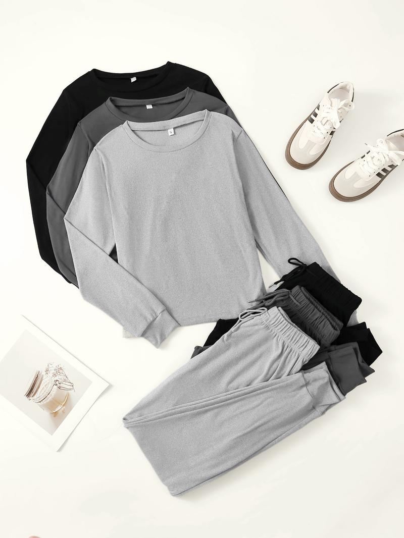 Women's Solid Color Long Sleeve Tee & Tie Front Elastic Waist Pants Loungewear Set, Casual Comfy Round Neck Top & Trousers PJ Set, Ladies Sleepwear for Spring & Fall
