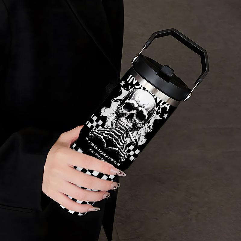 Loyr 30oz Insulated Travel Mug, Skull Design Stainless Steel Leak-Proof Straw Cup, Large Capacity Portable Cup for Commute Outdoor Use, Perfect Gift