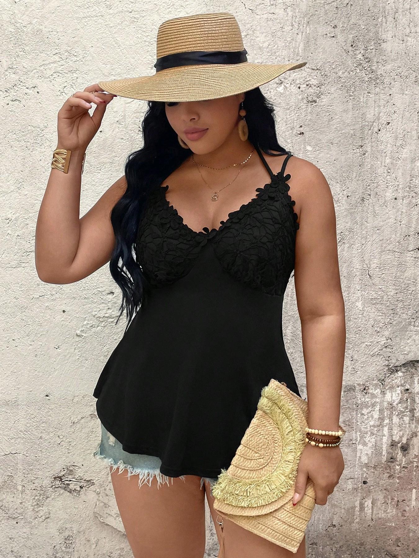 Plus Size Lace Halter Waist Crop Top, Slimming Boho Style, Perfect for Summer Outing, Music Festival, Night Out, Beach Trip, Casual Date
